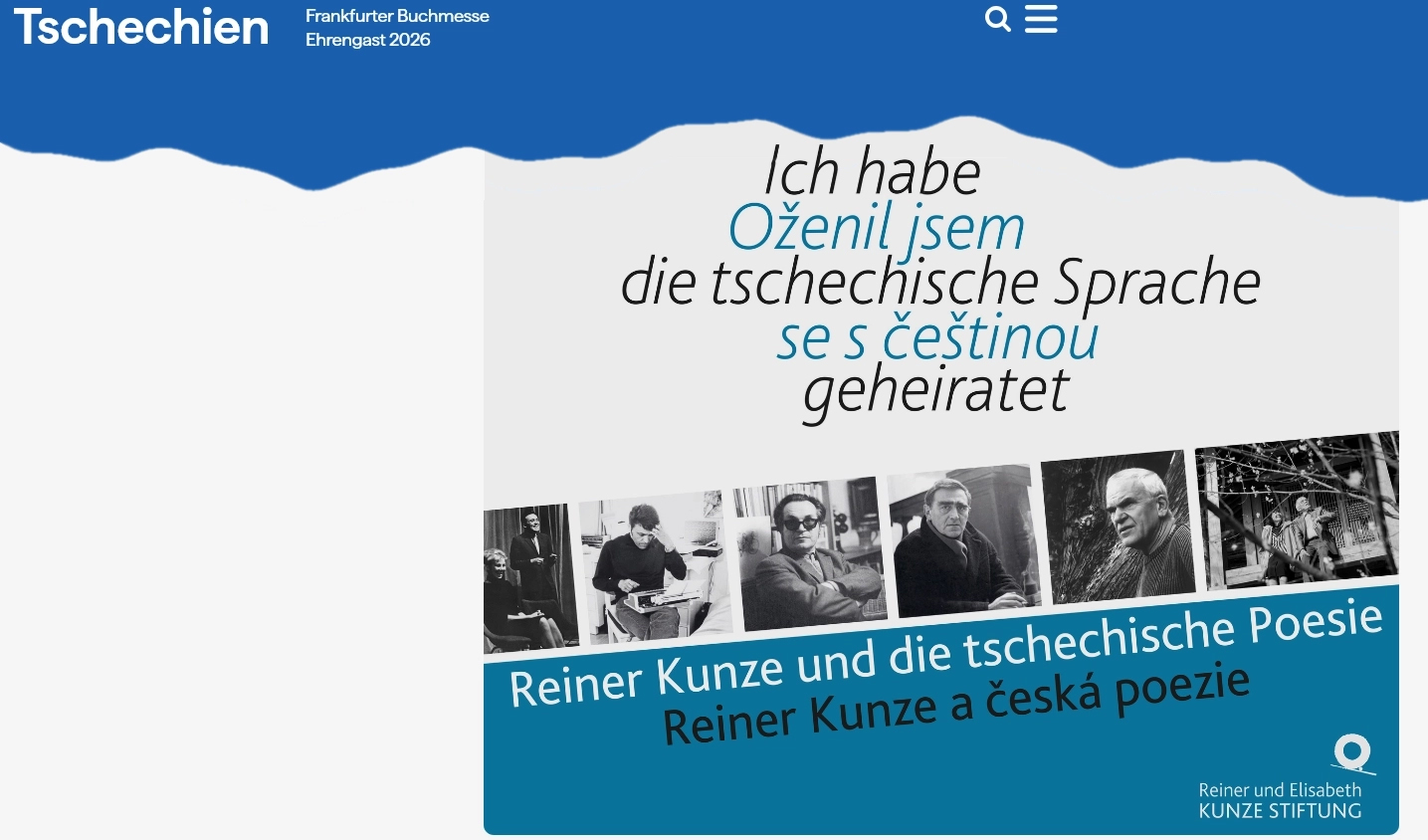 Auftaktbanner zur Ausstellung "Ich habe die tschechische Sprache geheiratet" mit dem Banner von Czechia 2026 (Tschechien zur Frankfurter Buchmesse)