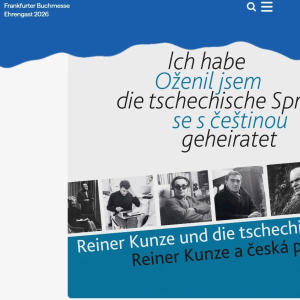 Auftaktbanner zur Ausstellung "Ich habe die tschechische Sprache geheiratet" mit dem Banner von Czechia 2026 (Tschechien zur Frankfurter Buchmesse)